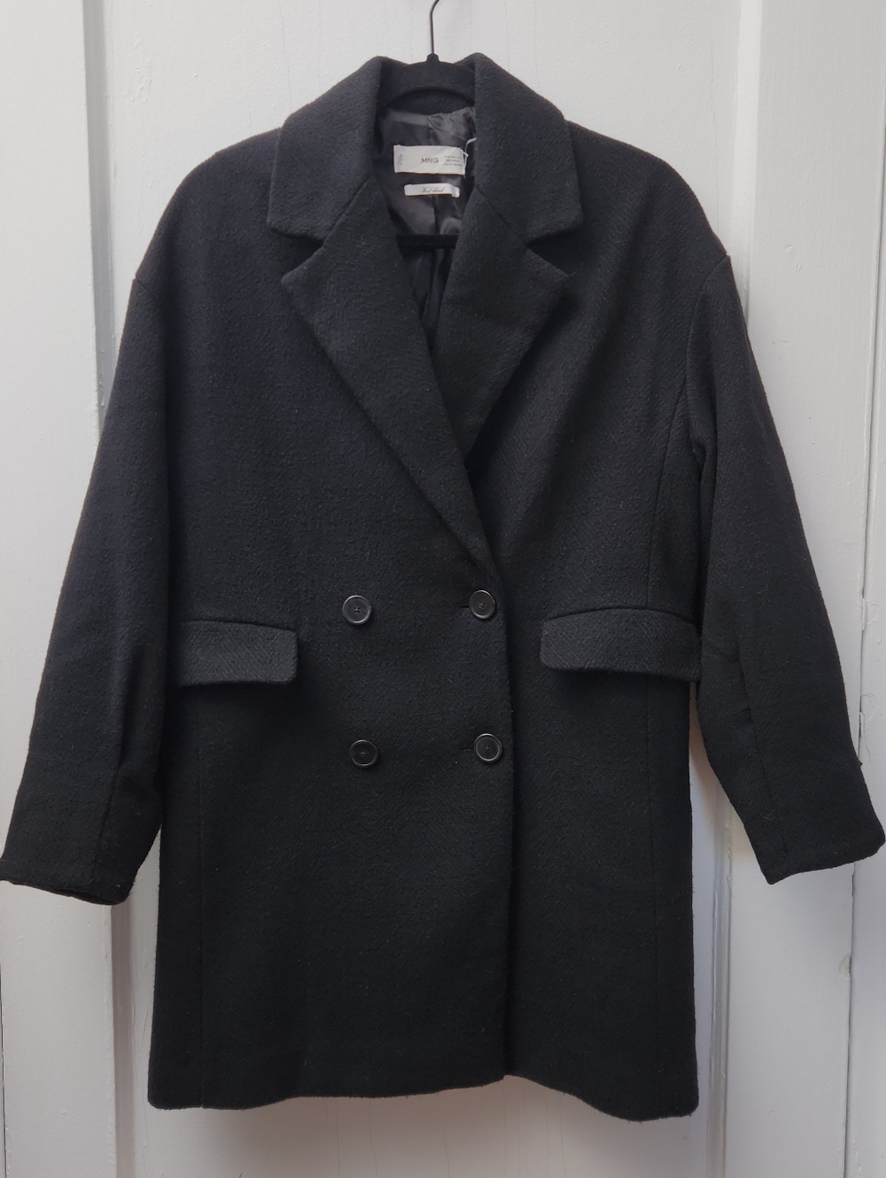 Mango Black Double-Breasted Pea Cocoon Coat Wool Blend Black Xxs